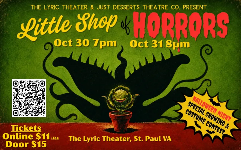 Little Shop Of Horrors poster: a grinning plant in a pot casting a huge leafy shadow, with the dates Oct 30 7pm and Oct 31 8pm